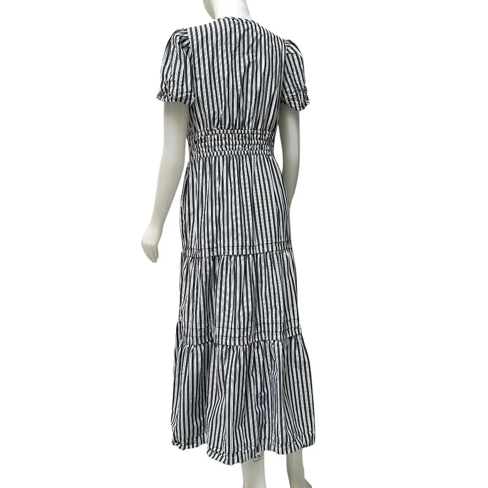 Quince Organic Cotton Tiered Maxi Dress‎ Navy White Stripe Smocked Resortwear M - Picture 7 of 17